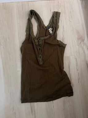 Free People Olive Ribbed Henley Tank Top